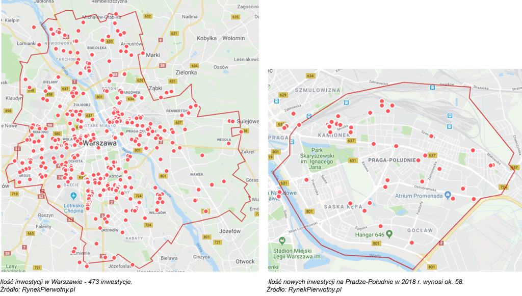Mapa inwestycji w Warszawie i na Pradze-Południe.