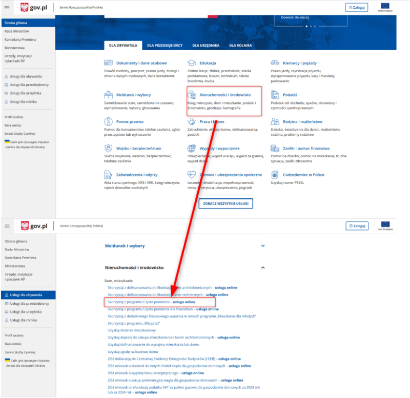 Jak odnaleźć wniosek do programu Czyste powietrze na stronie gov.pl?