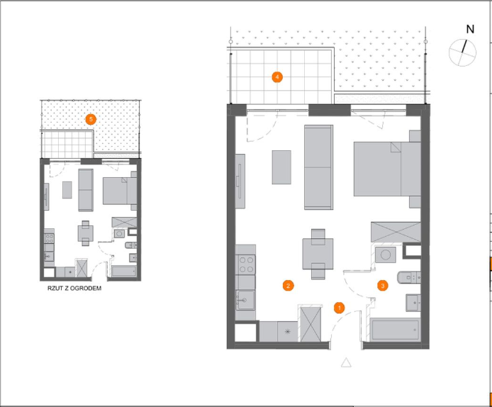 rzut mieszkania - róża wiatrów z orientacją północną