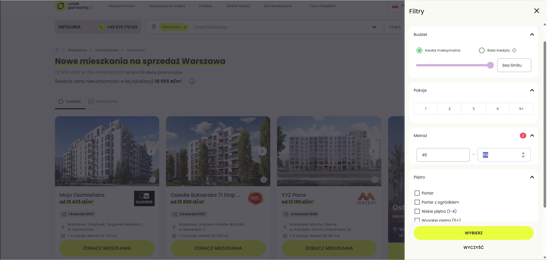 Filtrowanie po metrażu w wyszukiwarce ofert na rynekpierwotny.pl