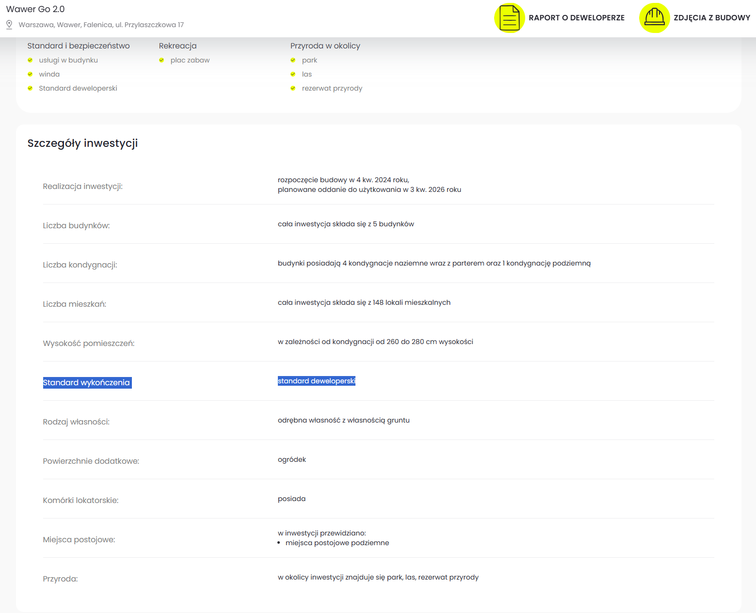 Standard wykończenia mieszkania w opisie inwestycji w portalu RynekPierwotny.pl