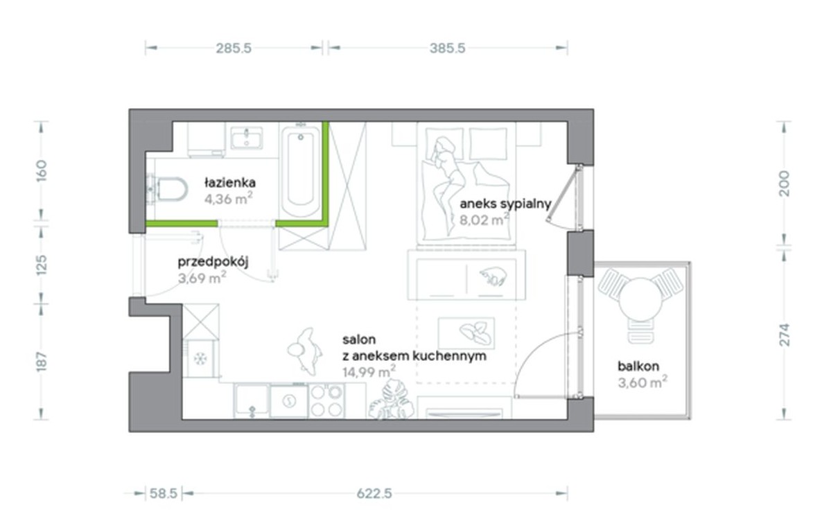 Rzut mieszkania o powierzchni 31 mkw