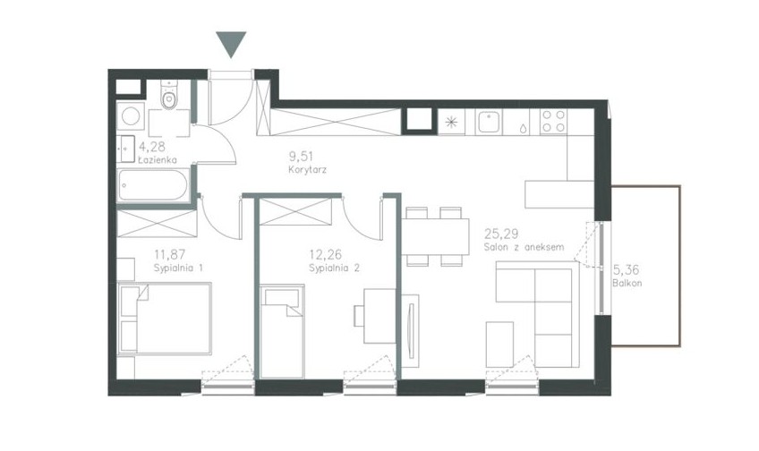 Rzut mieszkania 3-pokojowego o powierzchni ok. 63 mkw.