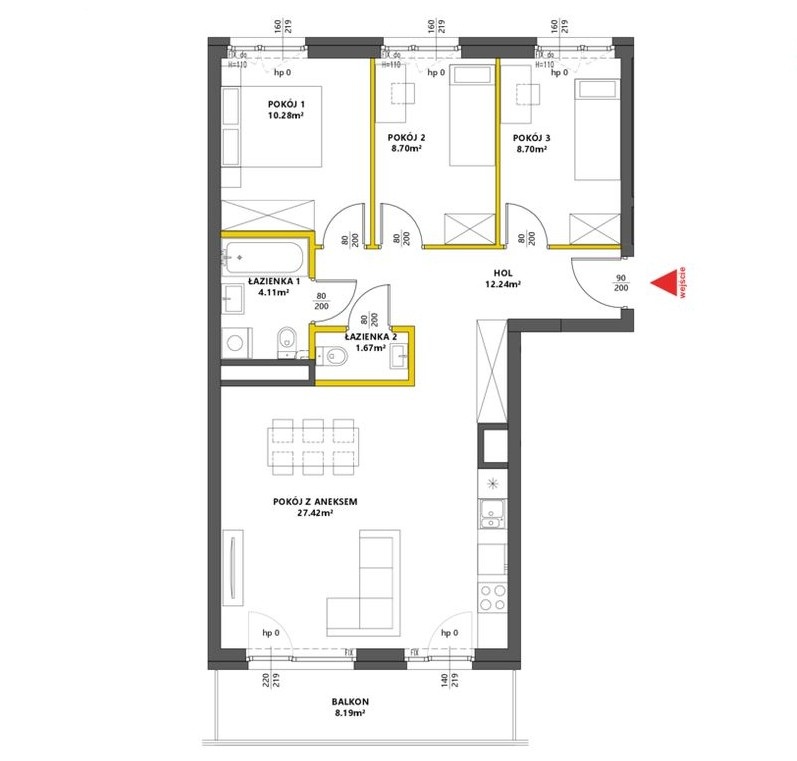 Rzut mieszkania o powierzchni 73 mkw.