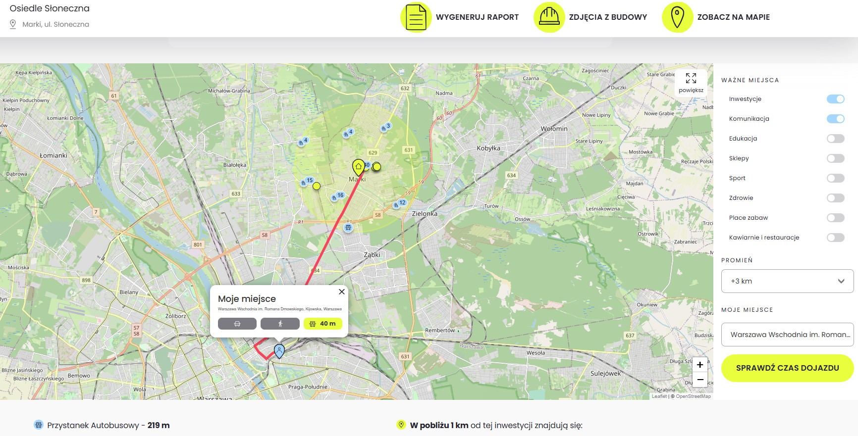 Interaktywna mapa pokazująca czas dojazdu z inwestycji do wybranego punktu