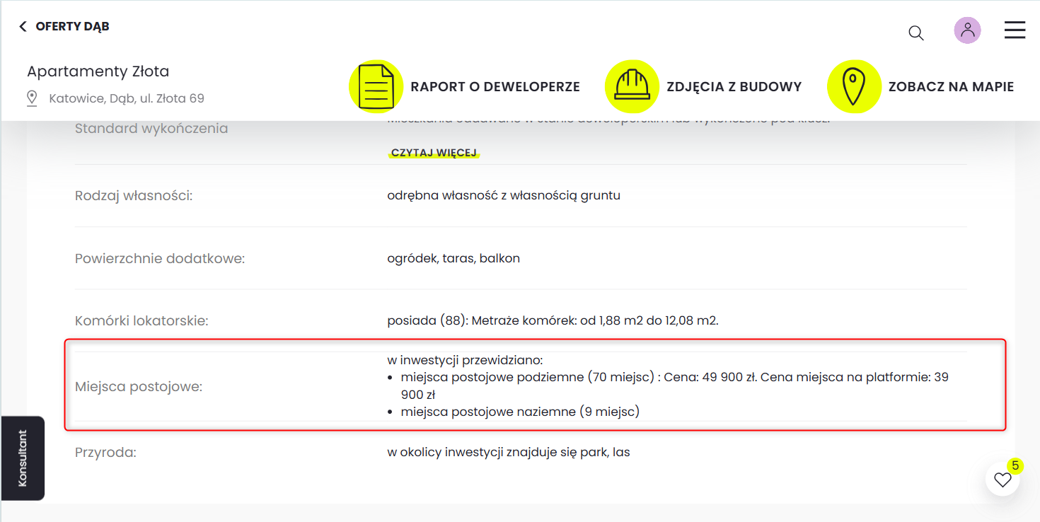 informacja o miejscu postojowym na stronie inwestycji portalu rynekpierwotny.pl