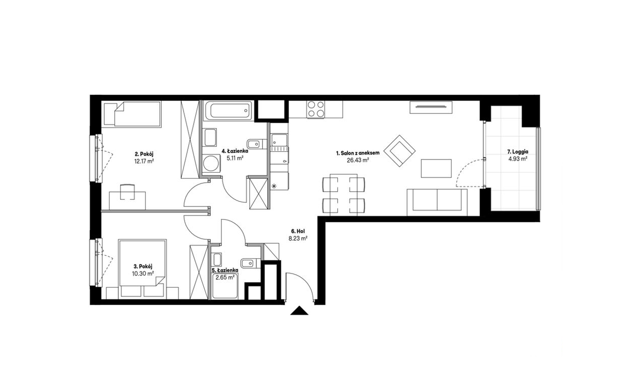 Przykładowy rzut mieszkania z podziałem na strefę dzienną i prywatną